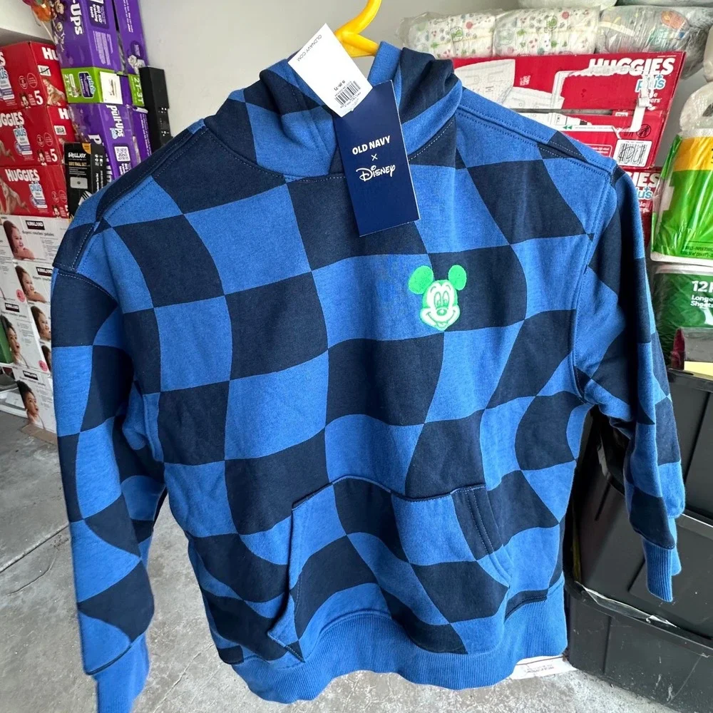Old Navy Disney Mickey Mouse Oversized Pullover Hoodie Sz S 6-7 Hyper Blue Plaid